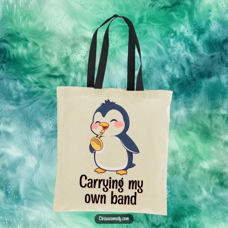 Funny Penguin Tote Bag: A cheerful penguin proudly plays a tiny trumpet, making this tote a stylish and humorous accessory for carrying daily essentials.