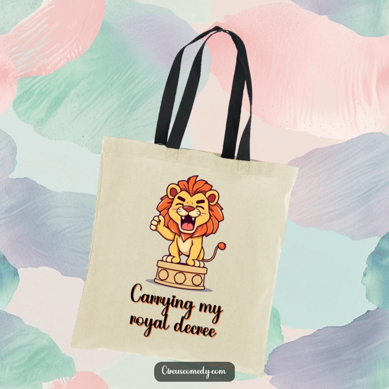 Funny tote bag illustration of a determined lion playfully roaring while standing on a pedestal, looking ready for anything.