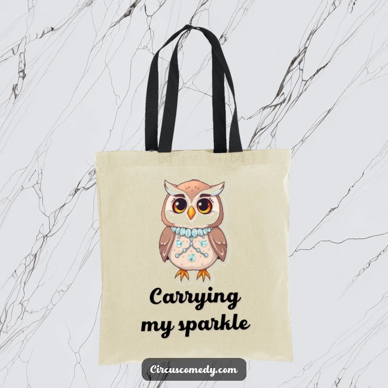 Funny owl in a sequined costume blinking curiously, on a durable tote bag, stylish and humorous accessory.