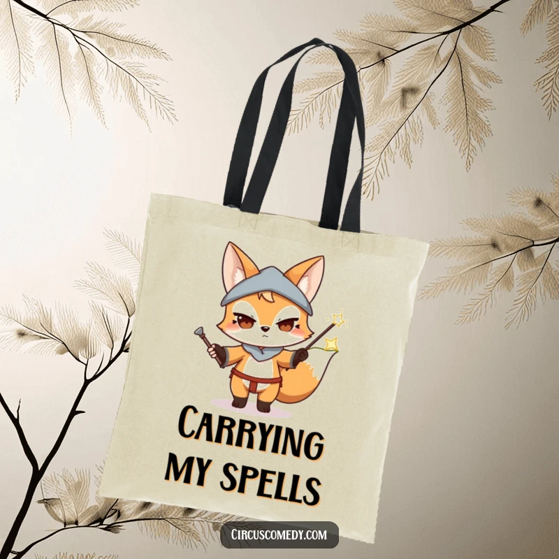 Funny Fox Magician Tote Bag: A practical tote featuring a determined fox performing a magic trick with a wand, radiating mystique.