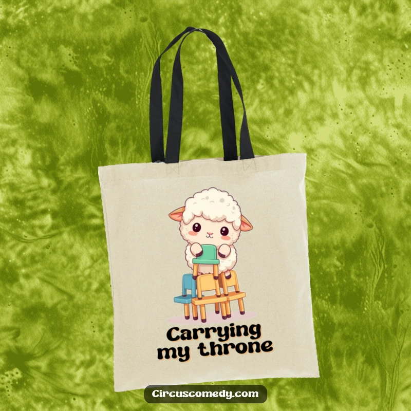 Funny sheep balancing a stack of small chairs, featured on a durable tote bag, ideal for carrying daily items with humor.