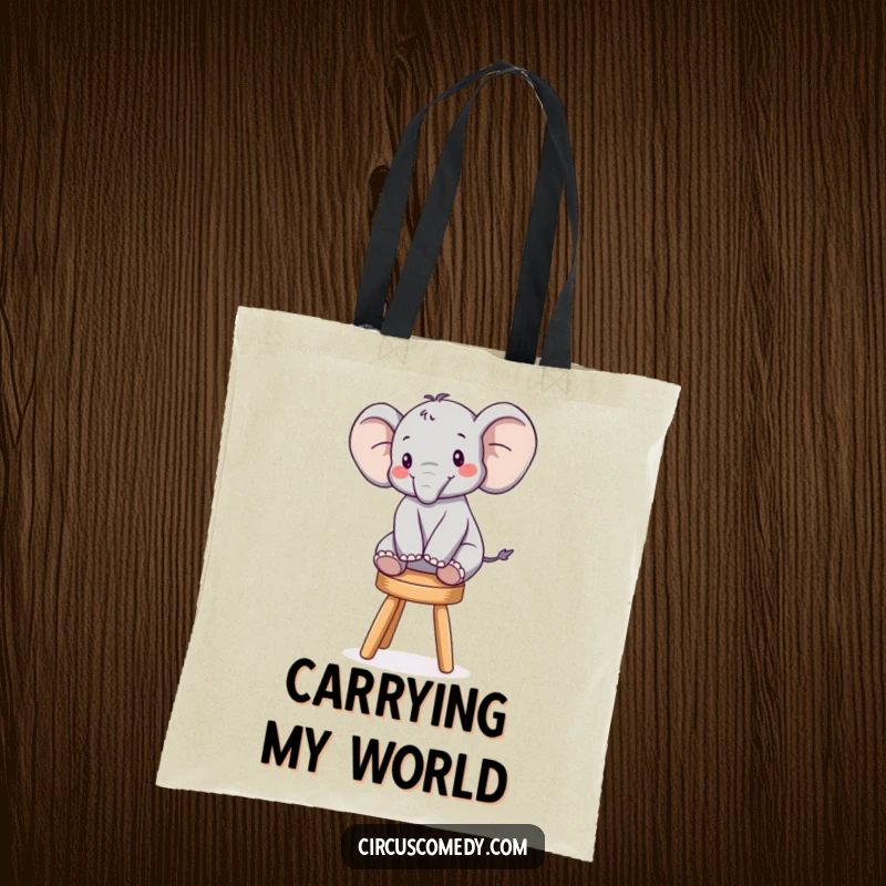 Funny tote bag showcasing a happy elephant performing a delightful balancing act on a small stool, perfect for daily use.