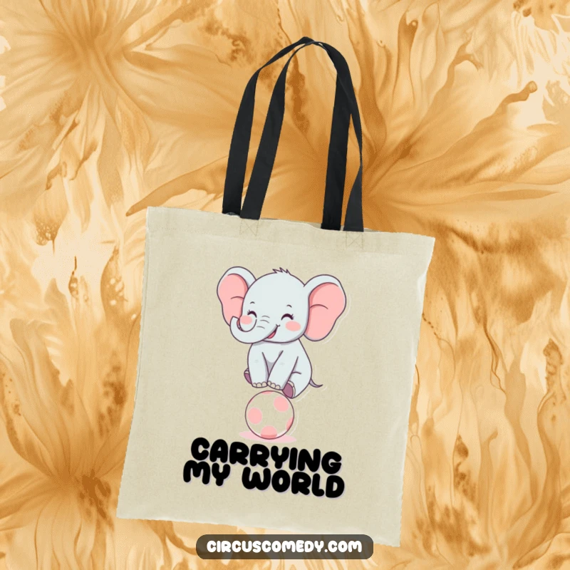 Funny Elephant Balancer Tote Bag: A practical tote featuring a joyful elephant smiling while balancing perfectly on a tiny ball.
