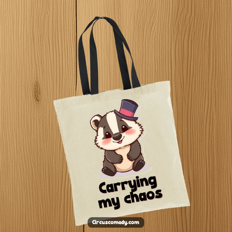 Funny badger tote bag showing a silly badger in a tiny top hat, tumbling with a comical expression, a fun and functional accessory.