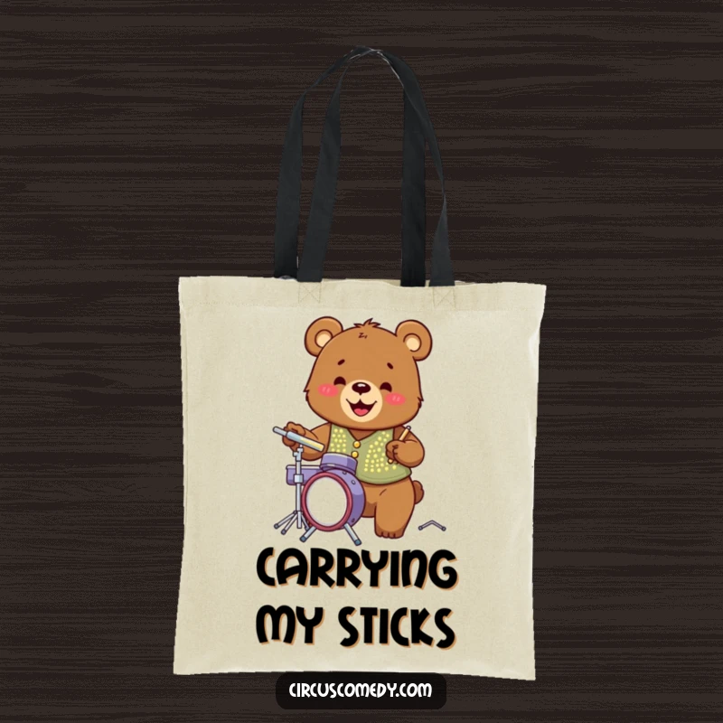 Funny bear in a dazzling sequined vest, jamming on a small drum set with a joyful, wide-open grin.