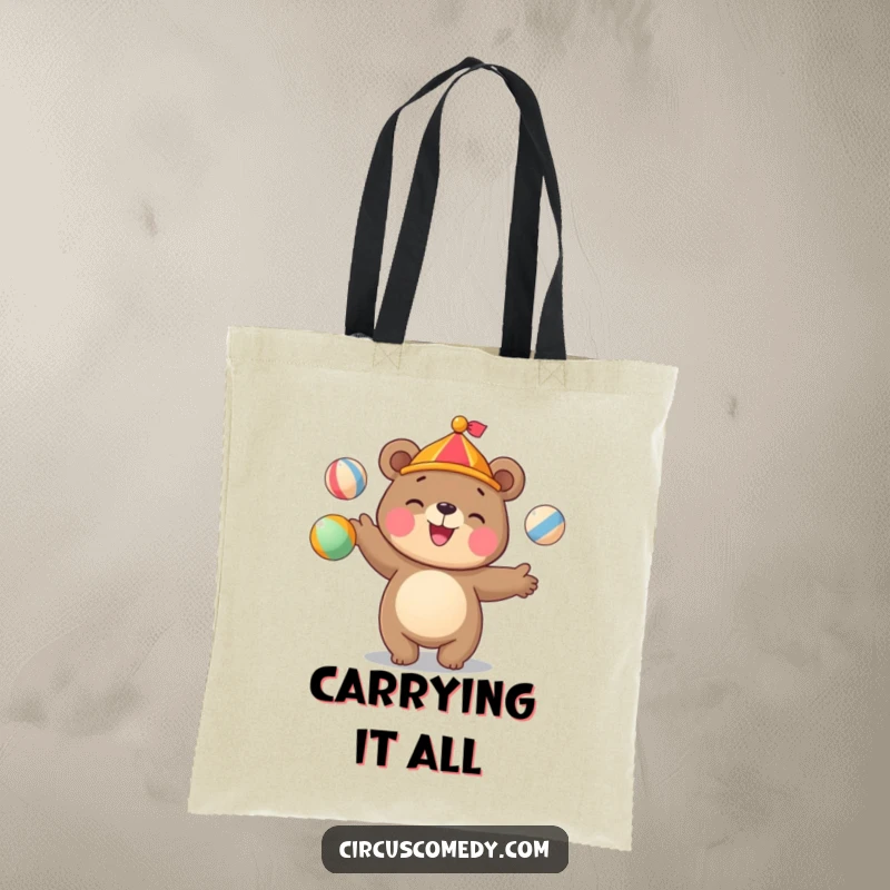 Funny bear tote bag with a cute bear juggling colorful circus balls with a happy grin, ideal for shopping.