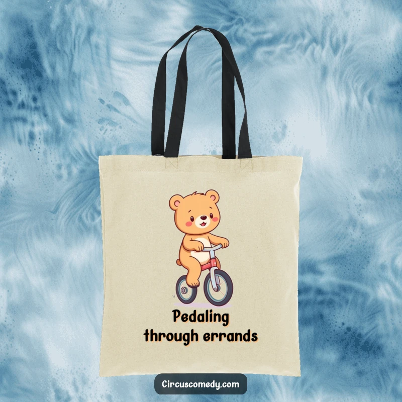 Funny tote bag showcasing a playful bear riding a unicycle, perfect for carrying daily essentials with a smile.