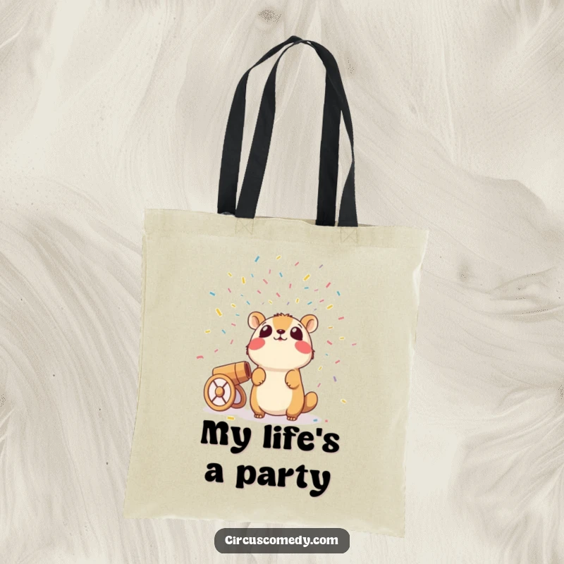 Funny tote bag showing a shocked animal looking up at a confetti cannon, ideal for a humorous and practical gift.