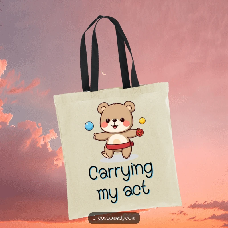 Funny tote bag designed with a cute bear juggling colorful balls, great for carrying essentials with flair.