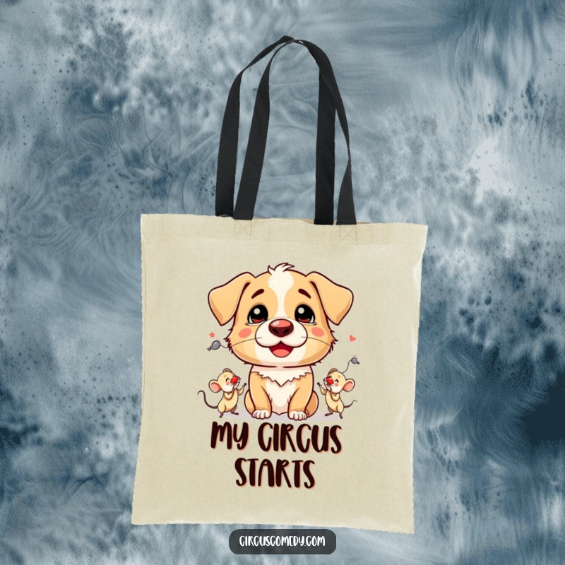 Funny Tote Bag: A silly dog with a clown nose, skillfully juggling three small mice.