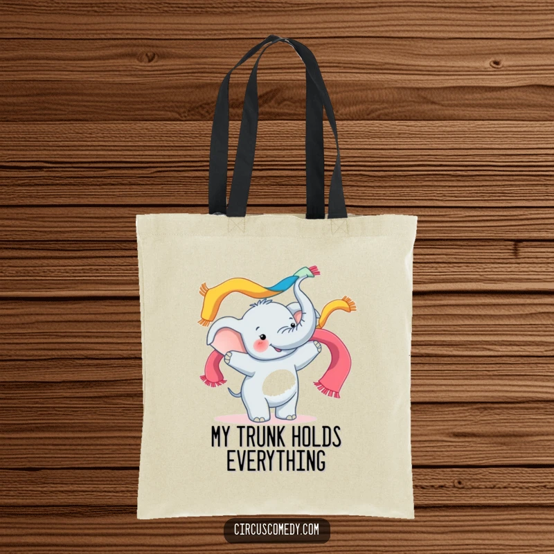 Funny tote bag illustration of a happy elephant juggling a cascade of colorful scarves with its trunk, looking delighted.