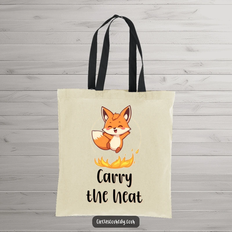 Funny Fox Tote Bag: A happy fox jumps through a ring of fire, making this tote a stylish and humorous accessory for carrying daily items.