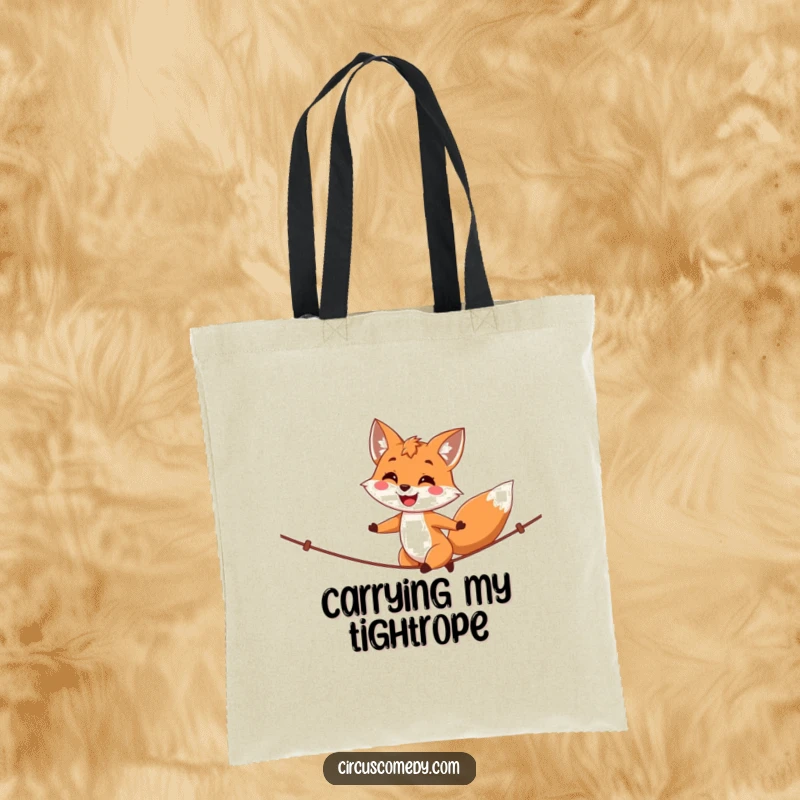 Funny fox tote bag, a happy fox walking a tightrope with a proud smile, a versatile and humorous accessory.