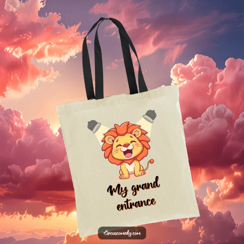 Funny Tote Bag: A delighted lion roaring playfully under a spotlight, perfect for statement style.