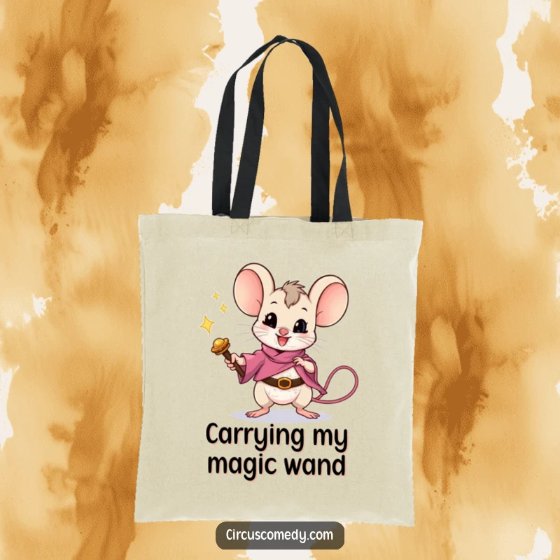 Funny mouse performing a magic trick with a wand, printed on a durable tote bag, perfect for carrying magical supplies.