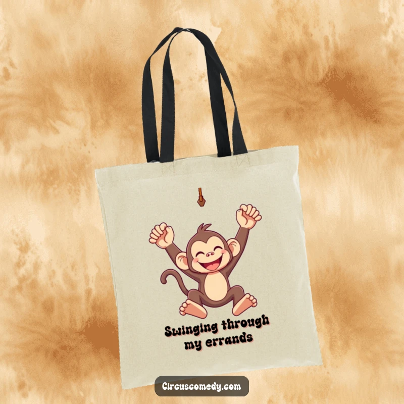 Funny tote bag illustration of a grinning monkey swinging high from a trapeze, with a look of pure exhilaration.