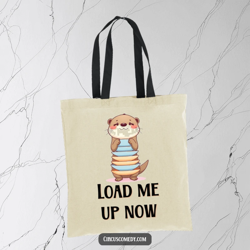 Funny otter balancing a tall stack of plates, looking focused, on a durable tote bag, functional and cute.