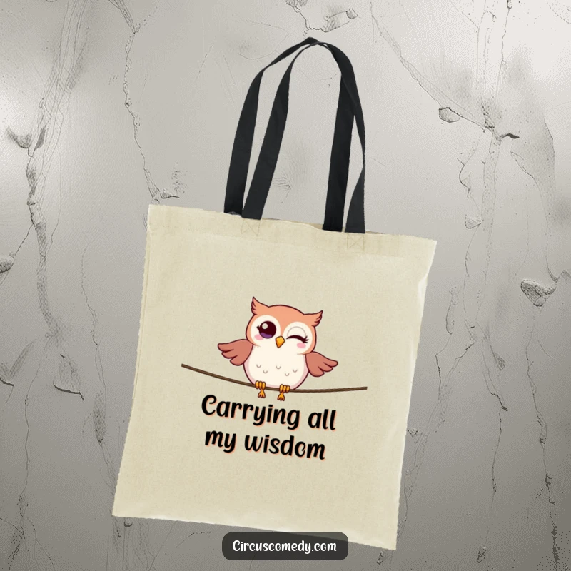 A winking owl skillfully balancing on a tightrope, a humorous and stylish tote bag for carrying your wisdom.