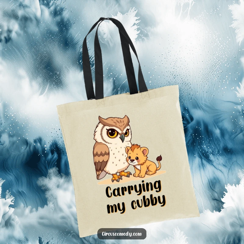 Funny tote bag illustrating a determined owl attempting to keep a tiny lion cub in line, perfect for carrying groceries or daily necessities.
