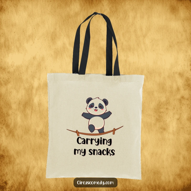 Funny panda tote bag with a smiling panda walking a tightrope with cheerful determination, ideal for errands.