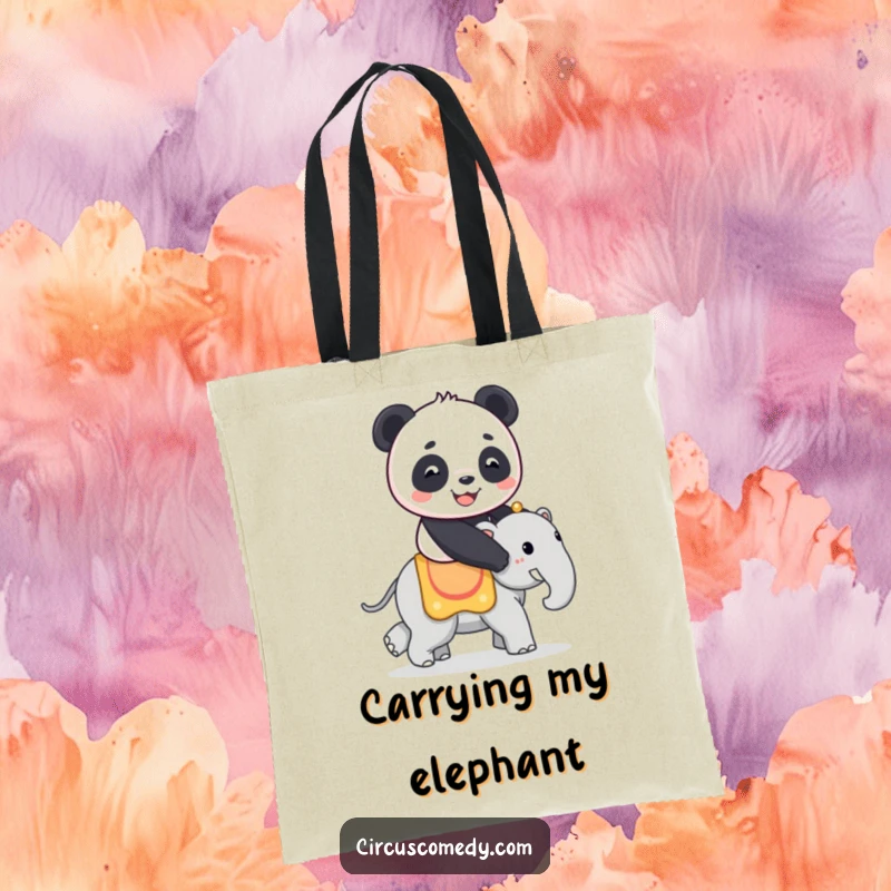 Funny tote bag featuring a smiling panda riding a small circus elephant, perfect for shopping or carrying daily items with a whimsical flair.