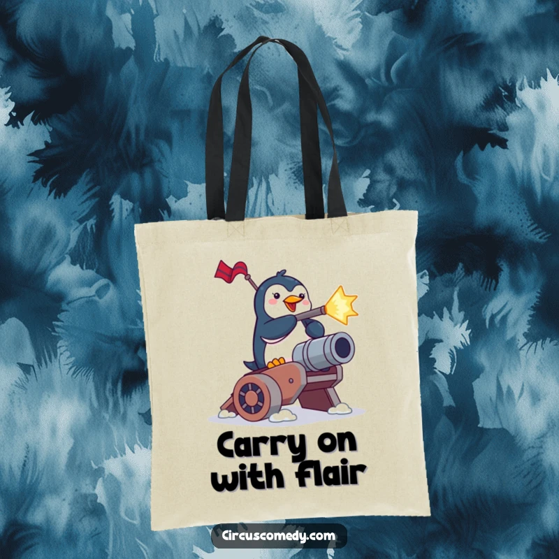 Funny penguin tote bag, a brave penguin mid-air after shooting from a cannon, showcasing funny, bold action.