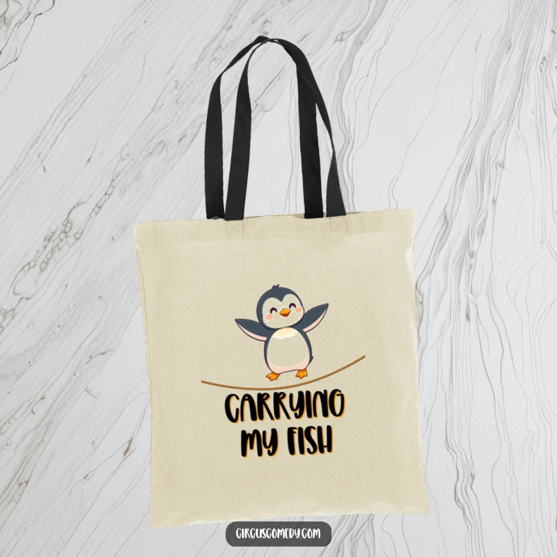 Funny Penguin Tightrope Tote Bag showcasing a curious penguin with outstretched wings walking a tight wire, perfect for carrying items with humor, a funny gift.