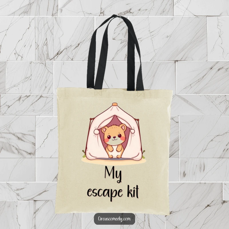 Funny tote bag with a playful animal peeking from behind a miniature tent, ideal for carrying essentials with humor.