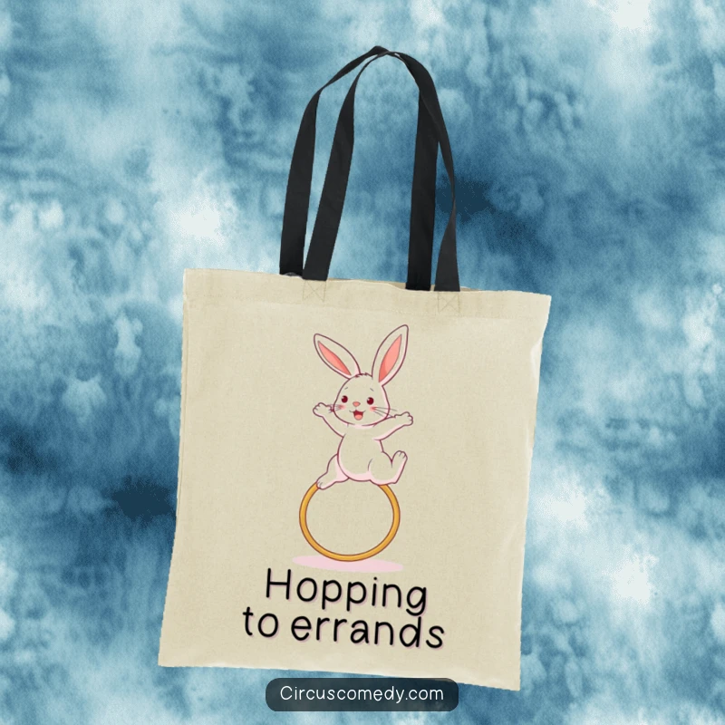 Funny rabbit tote bag, illustrated mid-high jump over a hoop, showcasing athletic prowess and fun, a practical and amusing accessory.