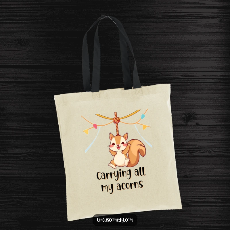 Funny squirrel artistically swinging from a circus tent rope, printed on a durable tote bag, perfect for carrying daily items.