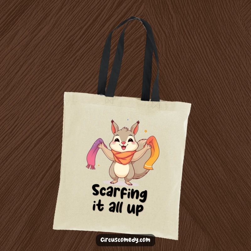 Funny tote bag showcasing a cheerful squirrel juggling brightly colored scarves, perfect for shopping or carrying daily items with a vibrant flair.
