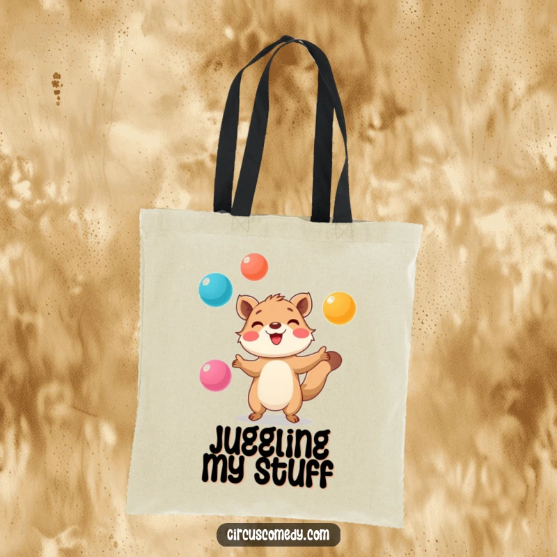 Funny Tote Bag: Smiling animal with great focus, juggling colorful balls, embodying skill and playful multitasking.