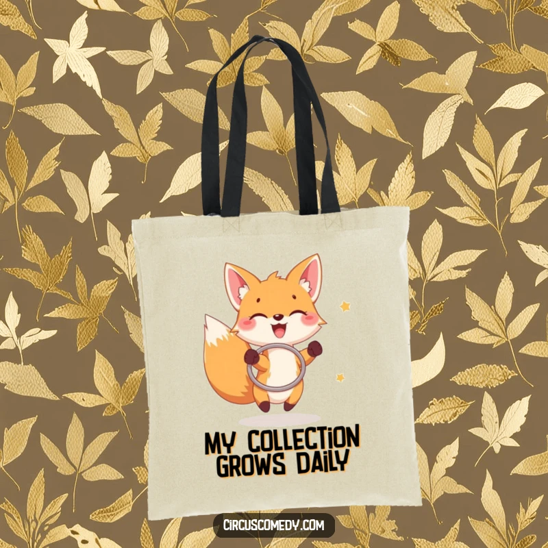 Funny fox tote bag, a joyful fox catching rings with a hoop, practical and humorously themed.