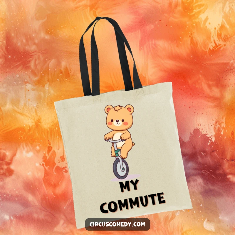 Funny tote bag with a playful bear expertly riding a unicycle, showcasing skill and a joyful demeanor.