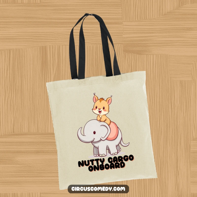 Funny squirrel tote bag, a cheerful squirrel riding an elephant, a humorous and practical accessory for daily use.