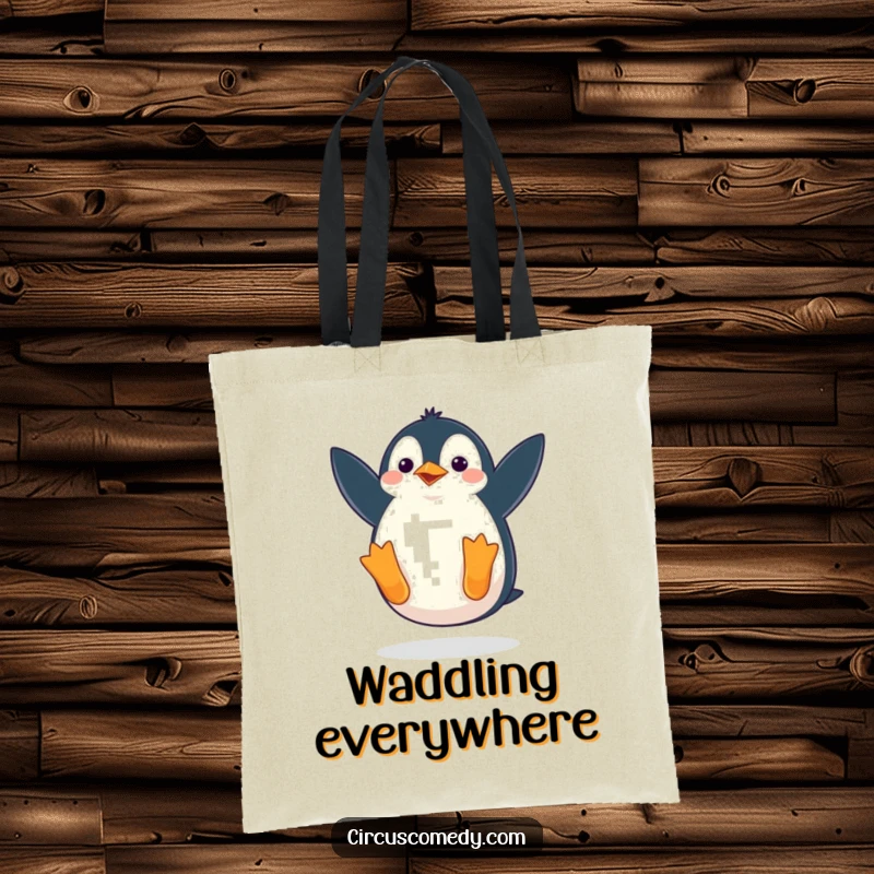 Funny tote bag featuring a penguin waddling comically while attempting a somersault, perfect for shopping or carrying daily items with humor.